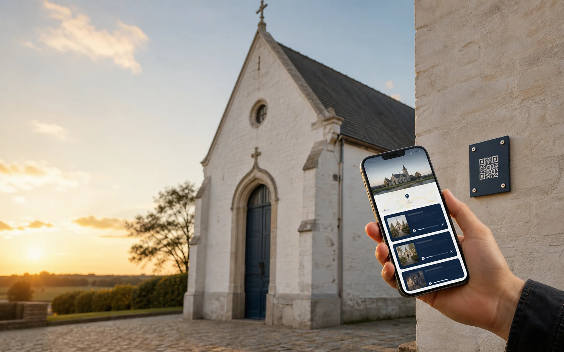 Conceptbeeld van een kapel met QR-code en mobiele webapp